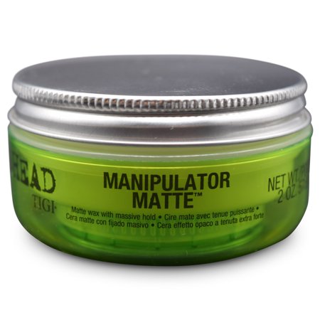 Green jar of Tigi Bed Head Manipulator Matte Wax, featuring a silver screw-top lid, labeled with bold black text, and indicating a net weight of 57 ml.