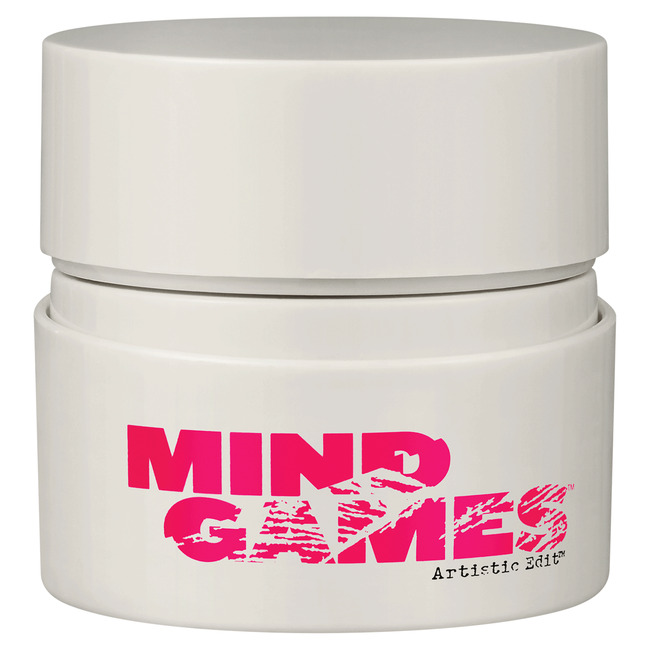 White container with a smooth finish, featuring a pink "MIND GAMES" logo, designed for Tigi's Multi Functional Texture Wax, 50ml size.