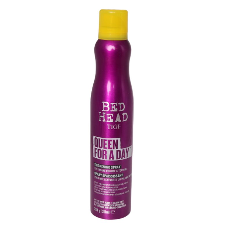 Purple spray bottle with a yellow cap, labeled "Queen for a Day" and "Thickening Spray" for fine hair, 311ml size, featuring Tigi's Bed Head branding.