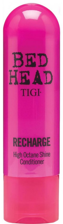 Bright pink plastic bottle of Bed Head by Tigi Recharge Conditioner, featuring bold black text and a clear base, designed for unisex use, 6.76 oz size.
