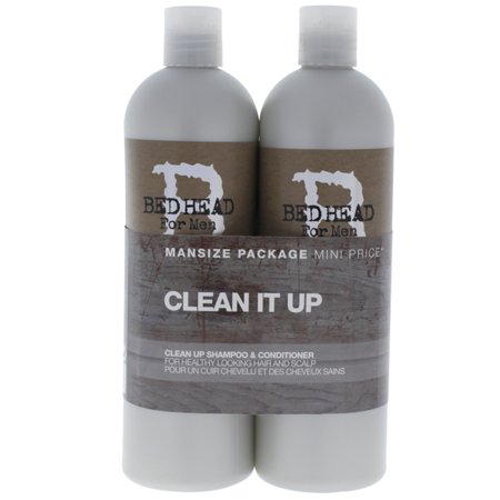 Two 750ml bottles of Bed Head by Tigi Clean It Up shampoo and conditioner duo, featuring a sleek white design with a rustic label and a grey band around the center.