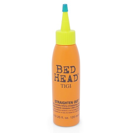 Bright orange bottle with a green nozzle cap, labeled "BED HEAD TIGI STRAIGHTEN OUT," 4.0 oz, designed for humidity-defying straightening.