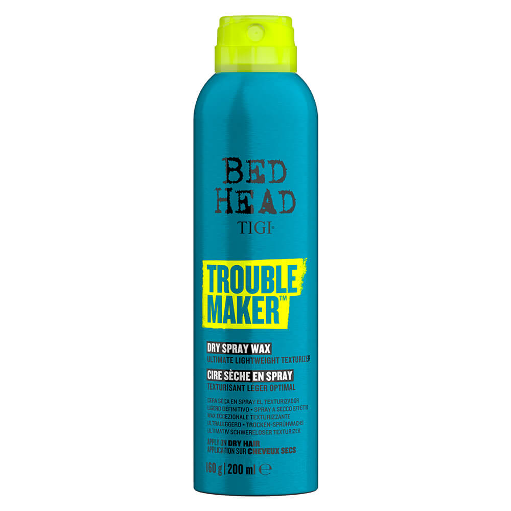 Bright blue canister with a vibrant yellow cap, labeled "TIGI Trouble Maker Spray Wax," featuring bold black text and a 200 ml capacity, designed for lightweight hair texture.