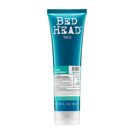 Turquoise squeeze tube of TIGI Bed Head Urban Antidotes Recovery 2 Shampoo, featuring bold white text and a flip-top cap, labeled for 8.45 fl oz.