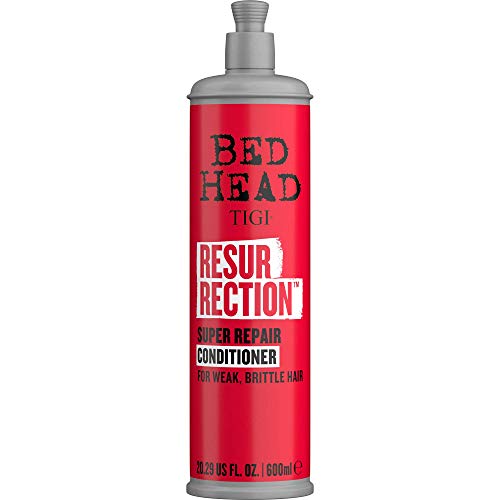 Tigi Big Head Resurrection Conditioner in a tall, red bottle with a silver cap, labeled "Resurrection" and "Super Repair Conditioner for weak, brittle hair," 600 ml size.