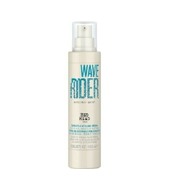 TIGI Bed Head Wave Rider is a 100ml versatile styling cream in a sleek, beige bottle with a turquoise label and a pump dispenser for easy application.