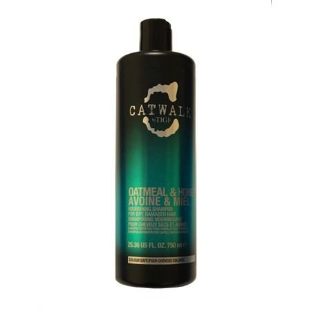 Black bottle with a gradient teal and white label, featuring "BED HEAD by TIGI" and "Oatmeal & Honey Nourish for Damaged Hair" text, 750ml size.