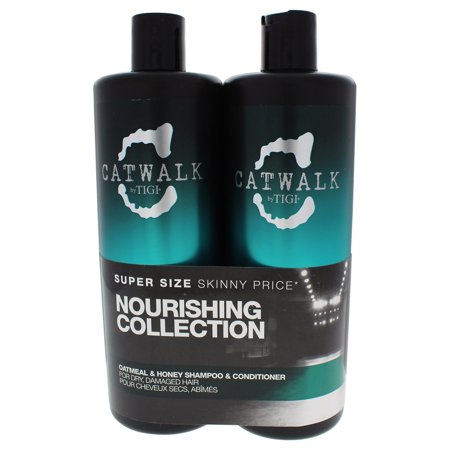 Two black bottles of Tigi Catwalk Oatmeal & Honey shampoo and conditioner, featuring a teal label with white text, designed for nourishing and moisturizing hair.