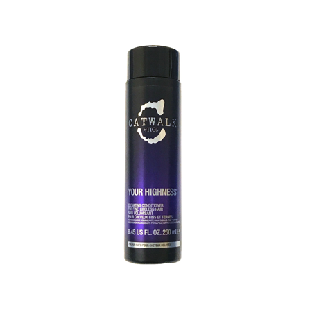 Purple cylindrical bottle with a black cap, labeled "CATWALK YOUR HIGHNESS" by TIGI, containing 250ml of nourishing conditioner for fine, limp hair.