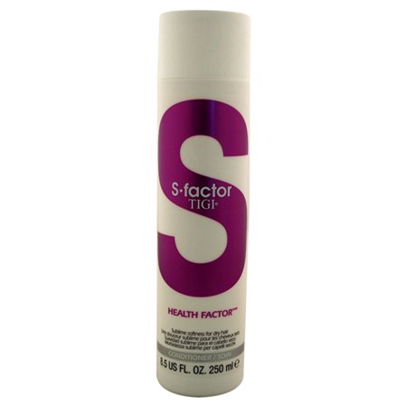 White bottle with a purple "S" logo and "HEALTH FACTOR" text, 8.45 oz size, designed for unisex use, promoting healthy hair.