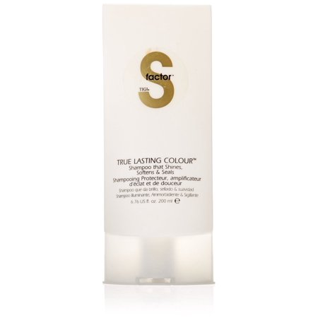 Tigi S Factor True Lasting Colour Shampoo in a sleek, white tube with a flip-top cap, featuring the brand logo and product name prominently displayed.