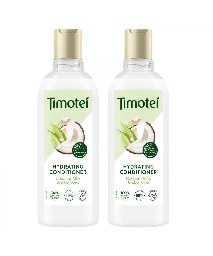 Two bottles of Timotei Hydrating Conditioner, each 300ml, featuring a white plastic design with a gold cap, labeled with coconut milk and aloe vera graphics.