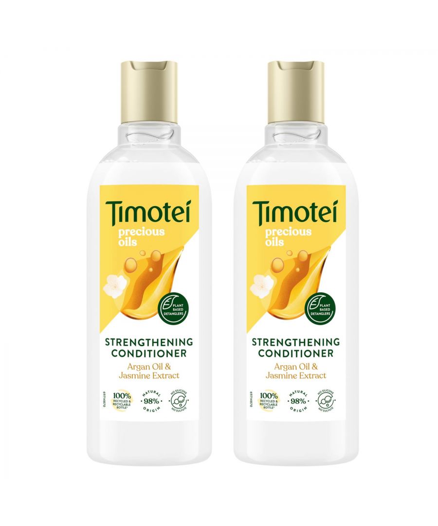 Two bottles of Timotei Precious Oils Strengthening Conditioner, each 300ml, featuring a yellow label with argan oil and jasmine extract, topped with a gold cap.