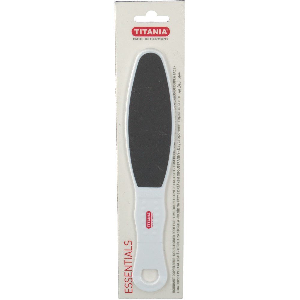 Titania Double Sided Foot File features a white handle with a black filing surface, packaged in a clear plastic sleeve with red and white branding, labeled as "Essentials."