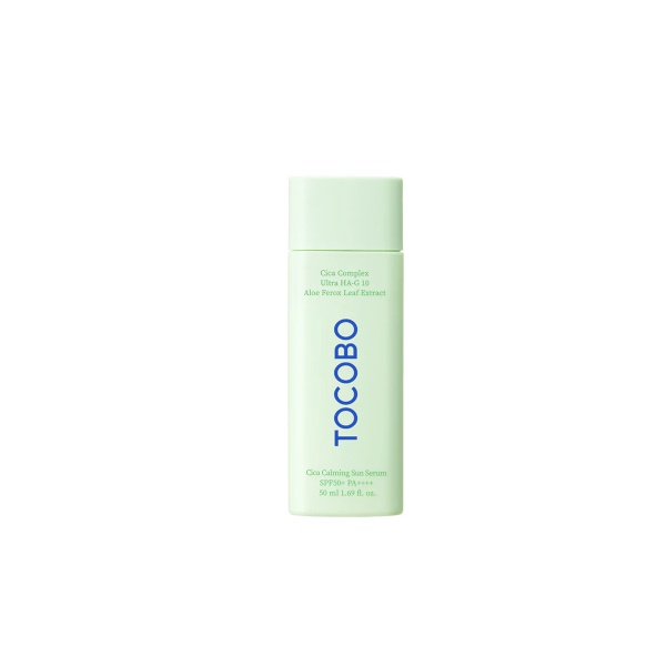 Light green bottle with a matte finish, featuring a blue "TOCOBO" logo, labeled as "Cica Calming Sun Serum SPF50+ PA+++", containing 50 ml of product.
