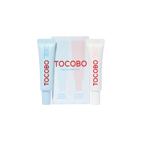 Two small tubes of sun care products in blue and white packaging, labeled "TOCOBO," alongside a light blue box featuring the same branding. Each tube is 10ml.