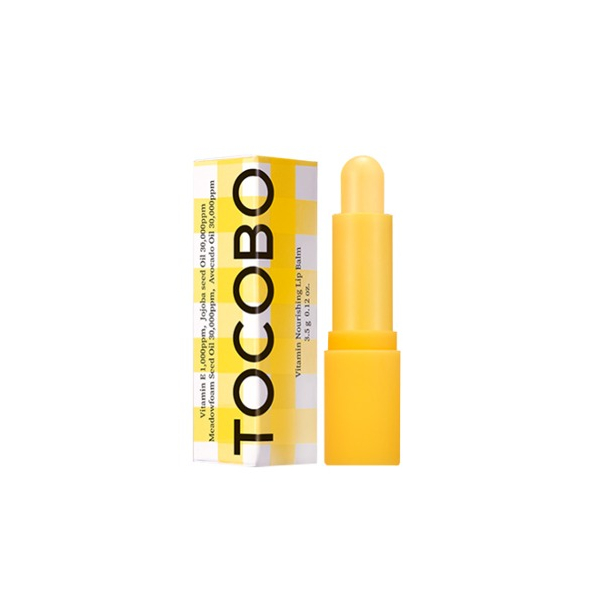 Yellow lip balm tube with a twist-up applicator, featuring a vibrant yellow and white box design, labeled "TOCOBO Vitamin Nourishing Lip Balm 3.5g."