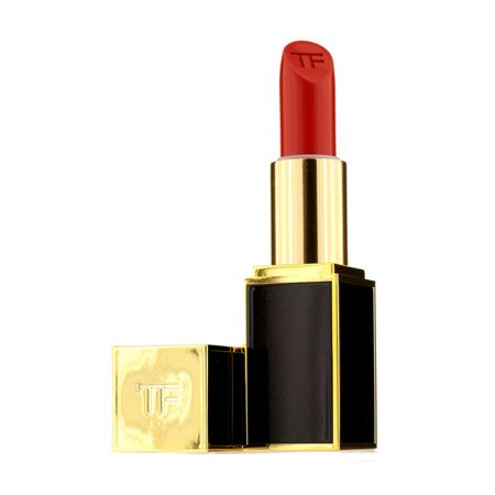 Red lipstick in a sleek black and gold tube, featuring a bold "TF" logo on the side, showcasing a vibrant, creamy finish.