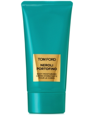 Turquoise tube of Tom Ford Neroli Portofino Body Lotion, featuring a gold label with product name and details, emphasizing crisp citrus, floral notes, and amber undertones.