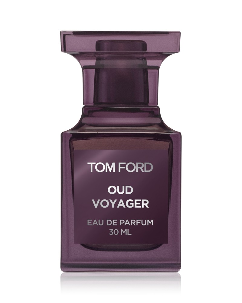 Dark purple glass bottle with a sleek design, featuring a square base and a wide, ornate cap, labeled "TOM FORD OUD VOYAGER EAU DE PARFUM 30 ML" in silver text.
