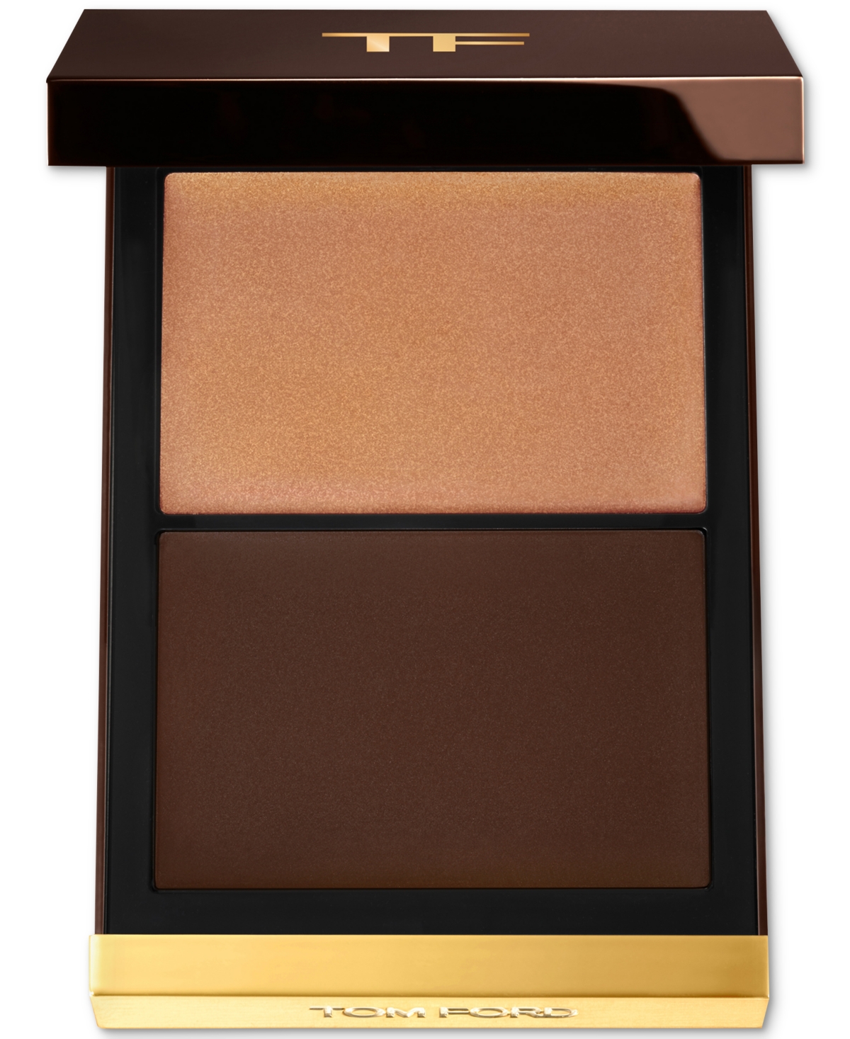 Tom Ford Shade and Illuminate Contour Duo features a sleek black compact with a gold base, containing a shimmering light bronze shade and a deep matte brown contour.