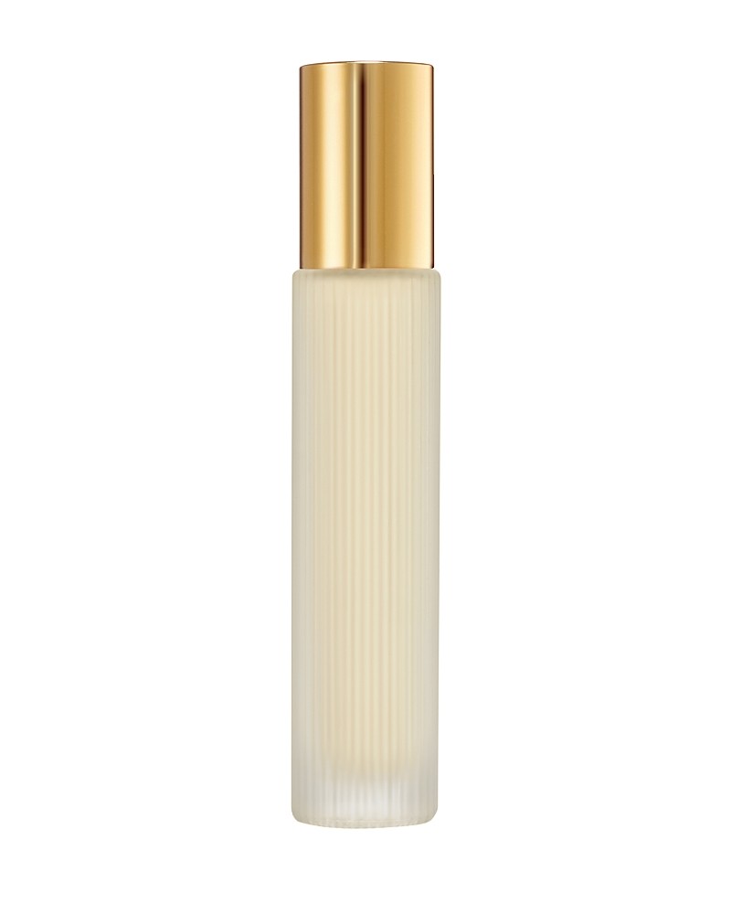Clear glass bottle with ribbed texture, featuring a sleek gold cap, containing Tom Ford Eau De Soleil Blanc Toilette 10ml.