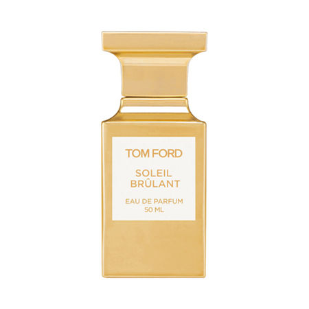 Golden rectangular bottle with a sleek design, featuring a white label that reads "TOM FORD SOLEIL BRULANT 50 ML EAU DE PARFUM."