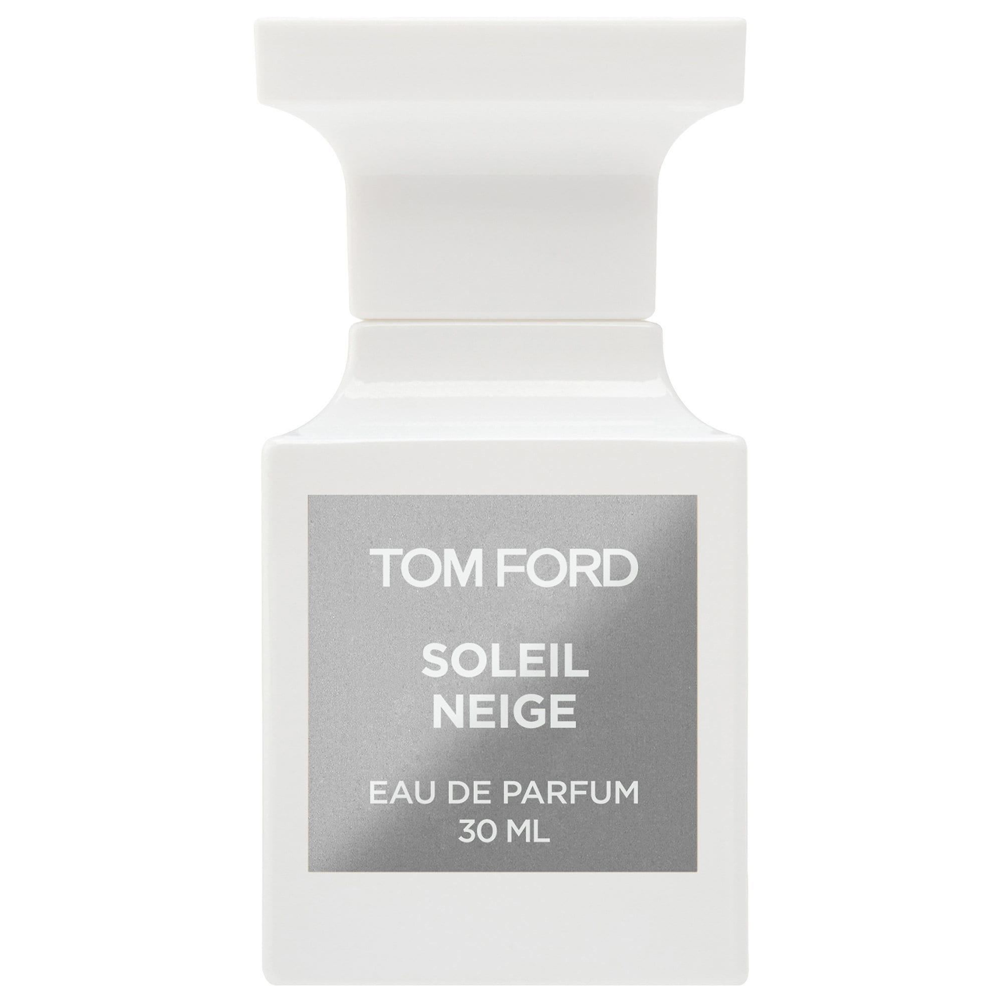 White rectangular perfume bottle with a sleek design, featuring a silver label that reads "Tom Ford Soleil Neige" and "Eau de Parfum 30 ML."