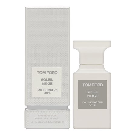 Elegant white bottle of Tom Ford Soleil Neige Eau De Parfum, 50ml, with a minimalist design and gray label, set against a plain background.