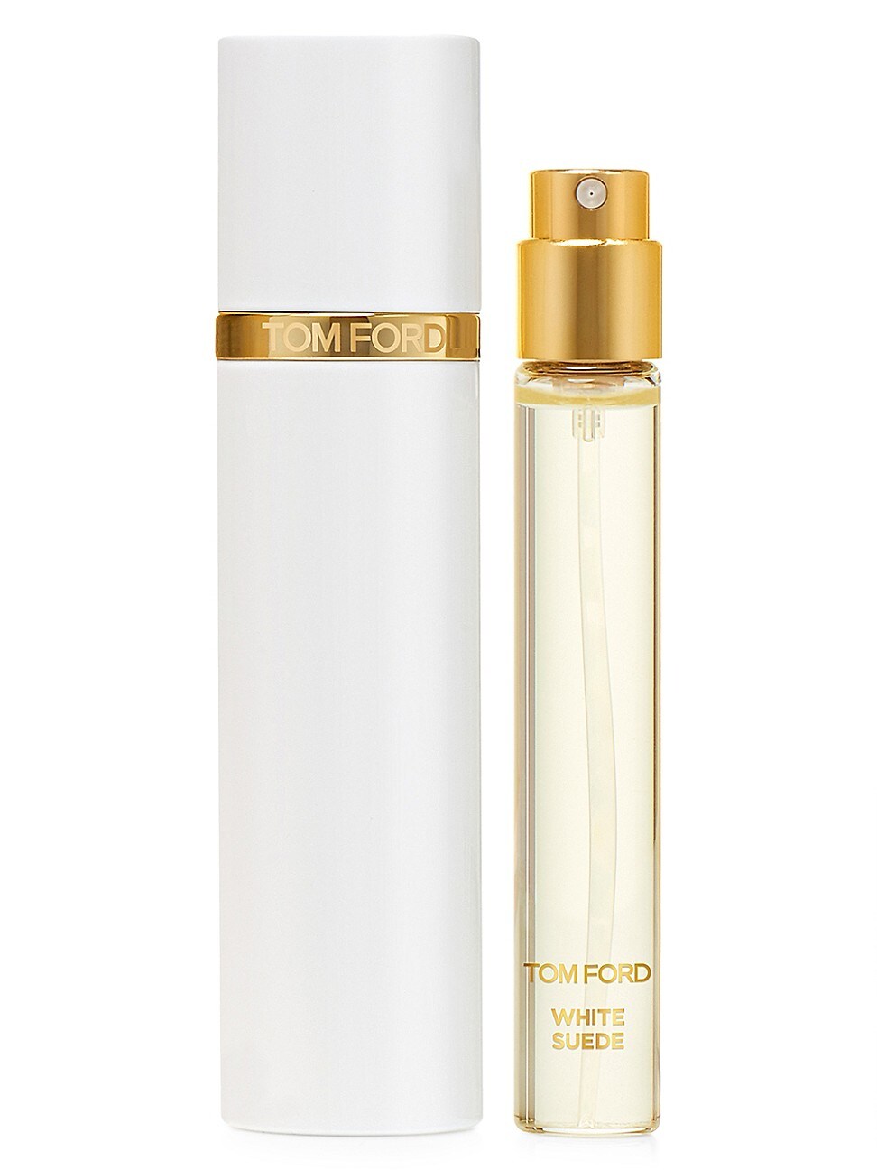Elegant white travel spray case with a gold band, containing a clear glass vial of Tom Ford White Suede Eau De Parfum, featuring a gold spray nozzle.