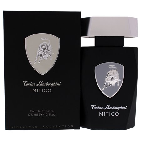 Black rectangular bottle with a silver cap, featuring a prominent silver Lamborghini logo on the front, alongside a sleek black box labeled "Tonino Lamborghini Mitico 125ml EDT."
