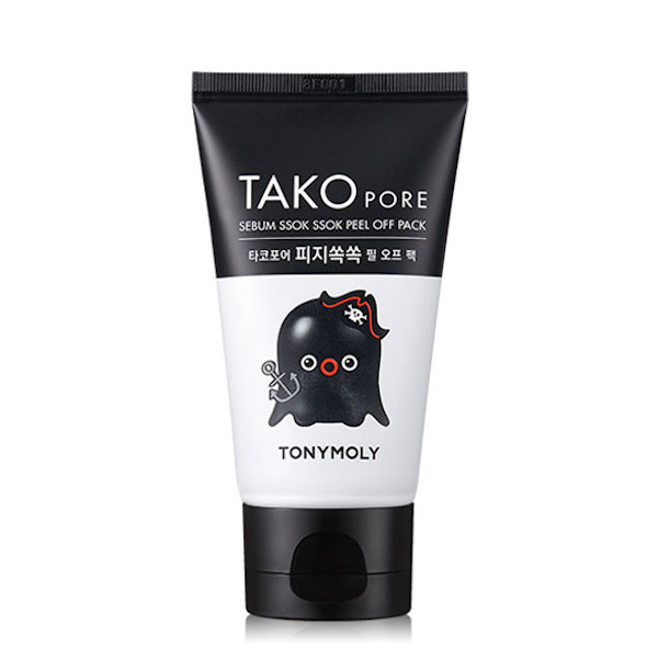 Black tube featuring a cartoon octopus design, labeled "TONYMOLY TAKO PORE Sebum Black Peel Off Pack," with a charcoal face mask for oily skin, 60ml size.