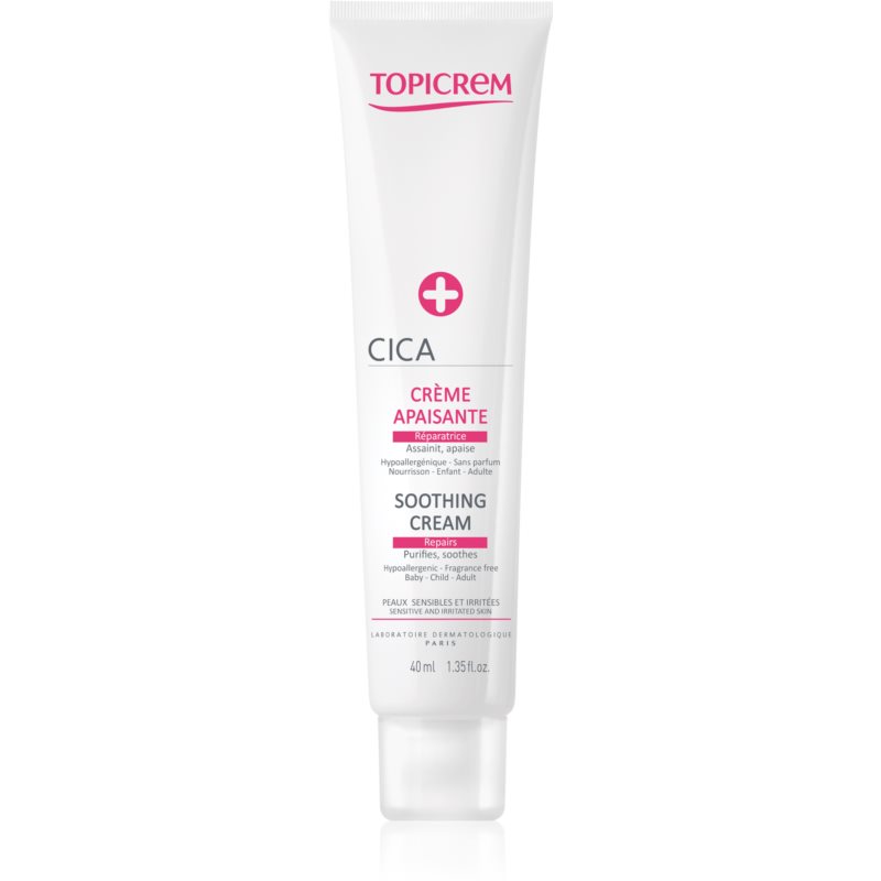 White tube with a pink and white label, featuring the Topicrem logo, labeled "CICA Crème Apaisante" and "Soothing Cream," containing 40 ml of product.