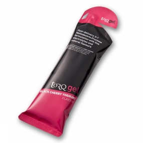 Black Cherry Yoghurt energy gel sachet in a sleek black and pink design, featuring the Torq logo and flavor prominently displayed on the packaging.