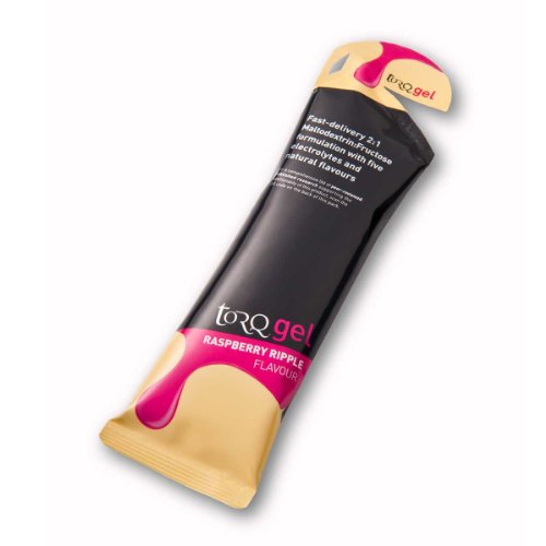 Black sachet with pink and yellow accents, labeled "Torq Energy Gel," featuring "Raspberry Ripple Flavour," designed for energy boosting in a convenient 45g size.
