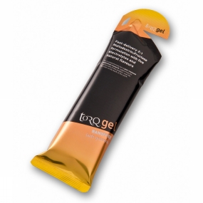 Torq Energy Gel in a sleek black and gold packaging, featuring the flavor "Banoffee" and highlighting guarana as a key ingredient for caffeine boost.