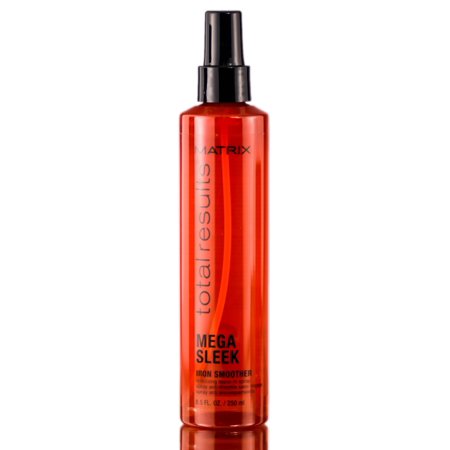 Red spray bottle with a black pump top, labeled "Total Results Mega Sleek Iron Smoother" by Matrix, containing 8.5 oz of hair spray for unisex use.