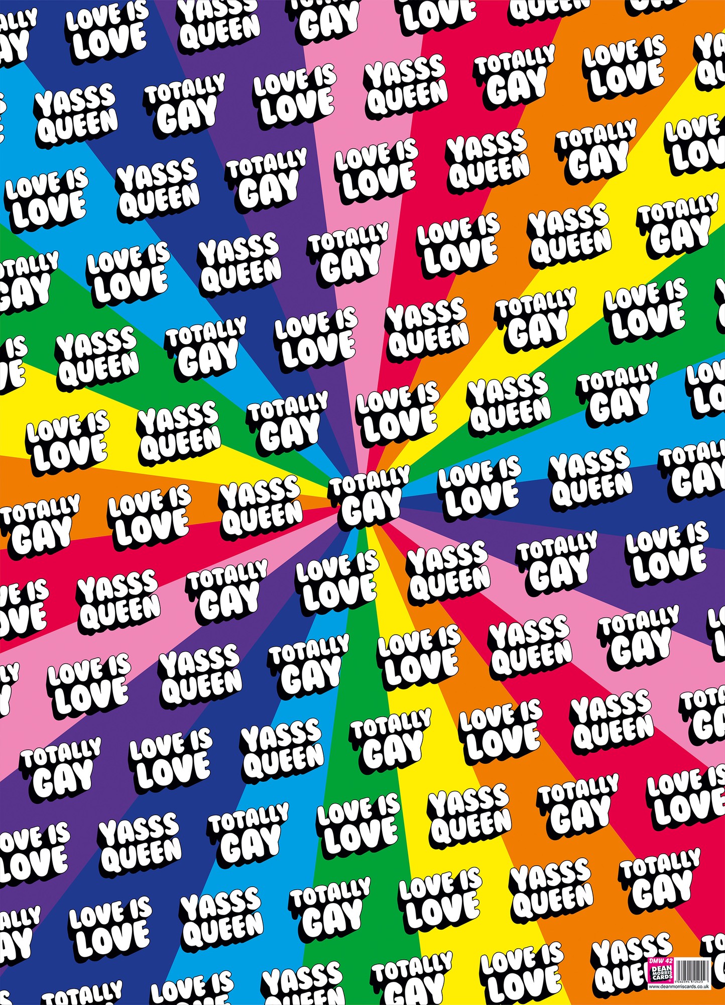 Brightly colored gift wrap featuring bold text phrases like "Totally Gay," "Yasss Queen," and "Love is Love" on a vibrant rainbow spiral background.