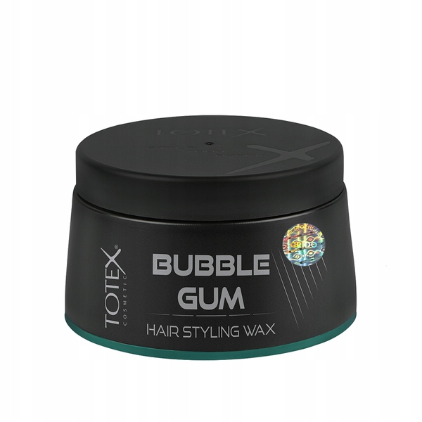 Black round container with a matte finish, labeled "TOTEX BUBBLE GUM HAIR STYLING WAX," featuring a teal base and a colorful logo, 150ml size, showcasing an improved formula and new look.