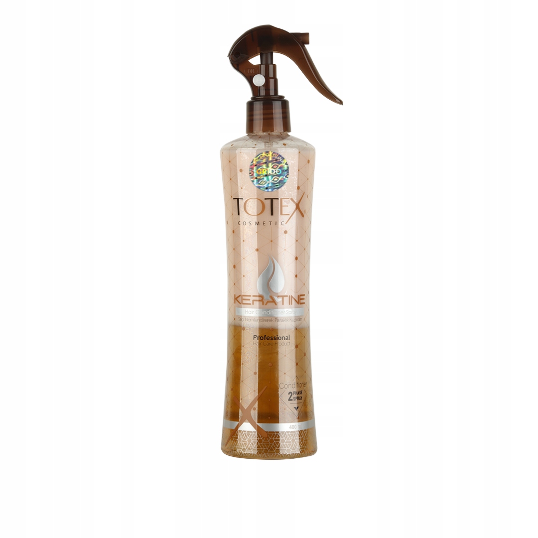 Clear plastic spray bottle with a brown trigger nozzle, featuring a gold and white label, displaying "Totex Hair Conditioner Spray Keratine" in elegant font, 400ml size.