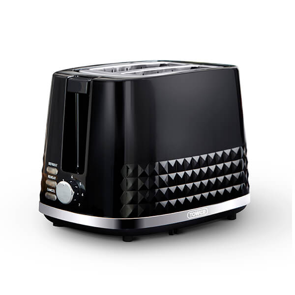 Black toaster with chrome accents, featuring a textured diamond pattern, two slots, and control knobs for defrost, reheat, and cancel functions.
