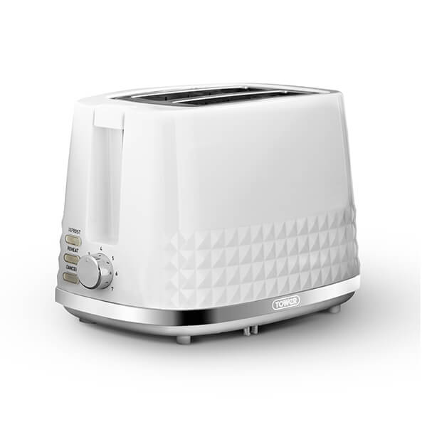 White Tower T20082Wht Solitaire 2-slice toaster with chrome accents, featuring a textured body, dial controls, and a cancel button, designed for 850W power efficiency.