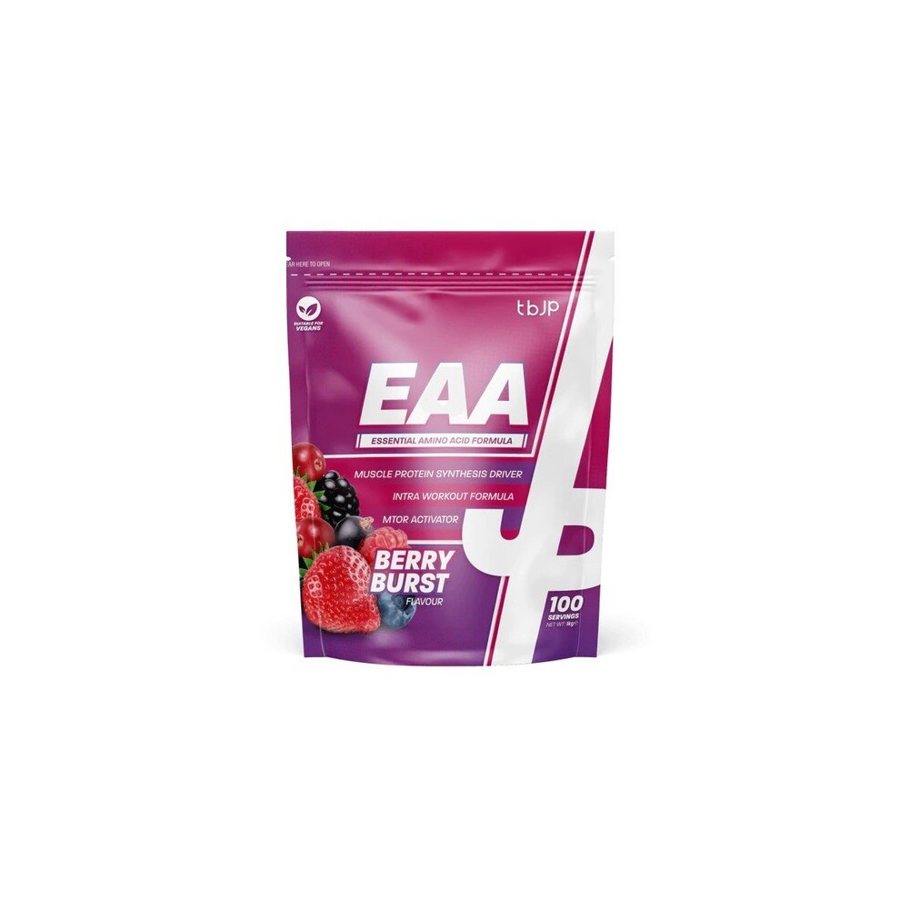 Bright purple and pink pouch labeled "EAA" with "Berry Burst" flavor, featuring berries graphics and a 1000g weight, designed for muscle protein synthesis.