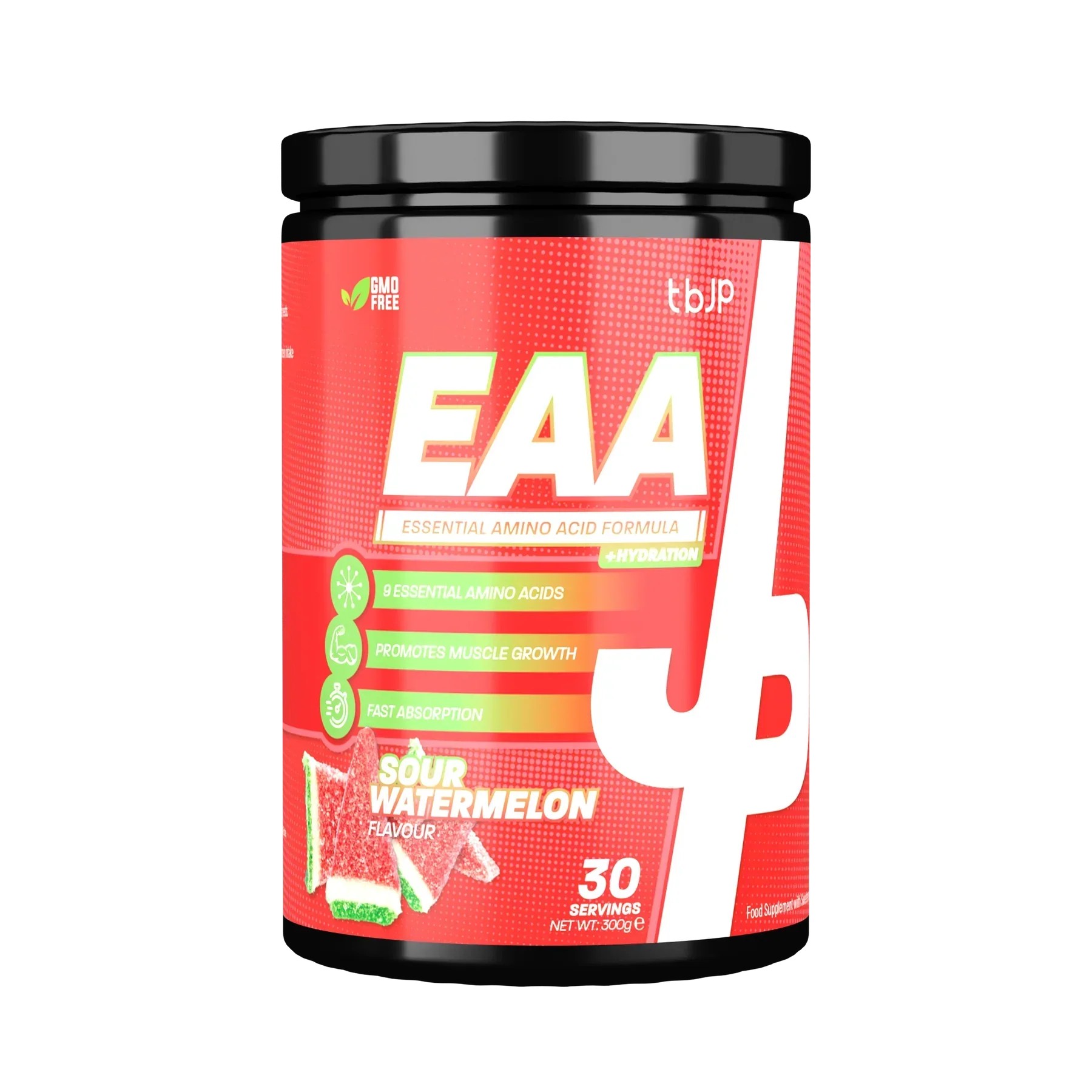 Black container with a bright red label featuring "EAA" in bold white letters, "Sour Watermelon" in green, and details about essential amino acids; 300g, 30 servings.