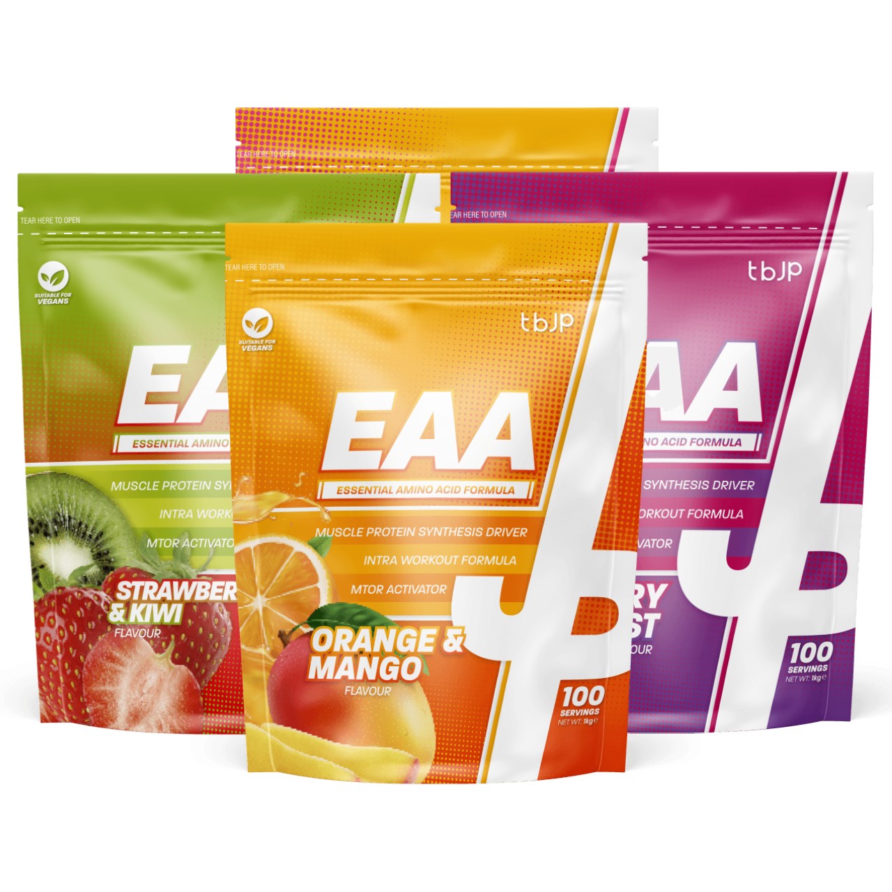 Three colorful pouches of Trained by JP EAA, featuring flavors: Strawberry & Kiwi, Orange & Mango, and Pina Colada, each with bold "EAA" branding and nutritional information.