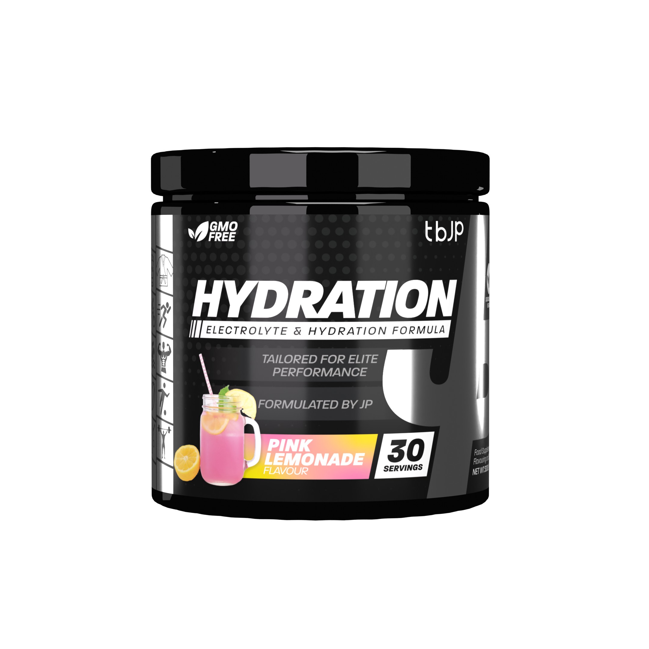 Black container with a pink lemonade label, featuring "HYDRATION" in bold white letters, 300g size, and 30 servings, highlighting electrolyte and hydration formula for performance.