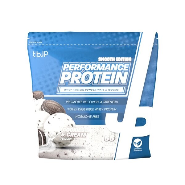 Blue and white bag of "Trained by JP Performance Protein" featuring a cookies and cream flavor, highlighting its whey protein concentrate and isolate, with a prominent logo and nutritional claims.