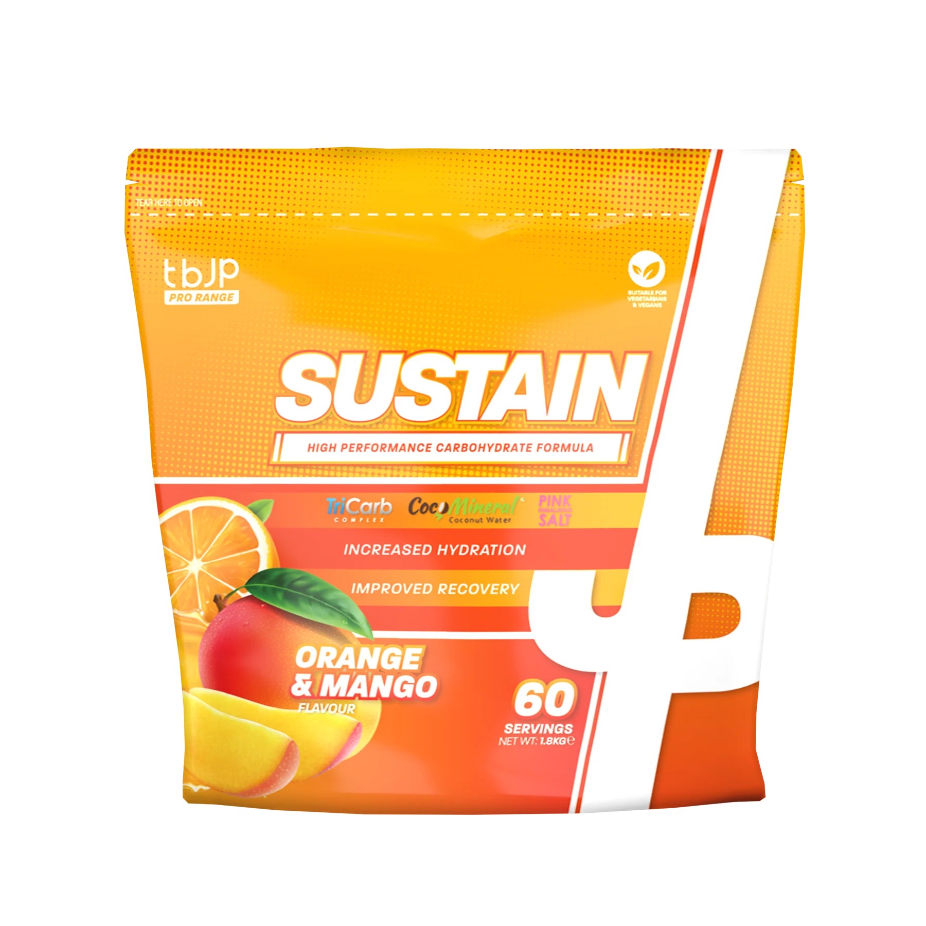 Bright orange packaging featuring "SUSTAIN" in bold white letters, with images of oranges and mangoes, indicating a high-performance carbohydrate formula with 60 servings.