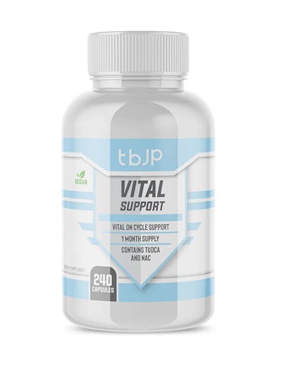 White bottle with a light blue label, featuring "VITAL SUPPORT" in bold text, indicating 240 capsules, vegan, and includes ingredients like TUDCA and NAC.