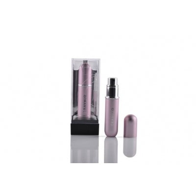 Travalo Classic HD in pink, a sleek 5ml fragrance atomizer with a metallic finish, displayed in a clear protective case with a black base.